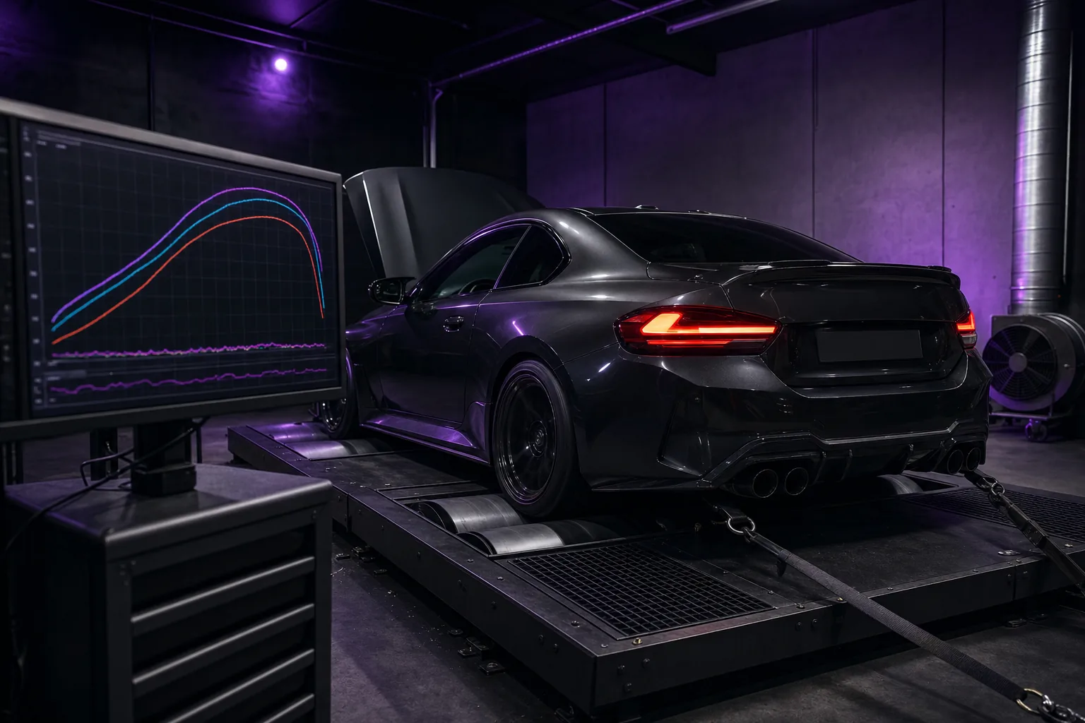 Leistungskurve auf Dyno-Monitor bei Turbo-Abstimmung in der ordinarysidevector Werkstatt, 1200x675 px